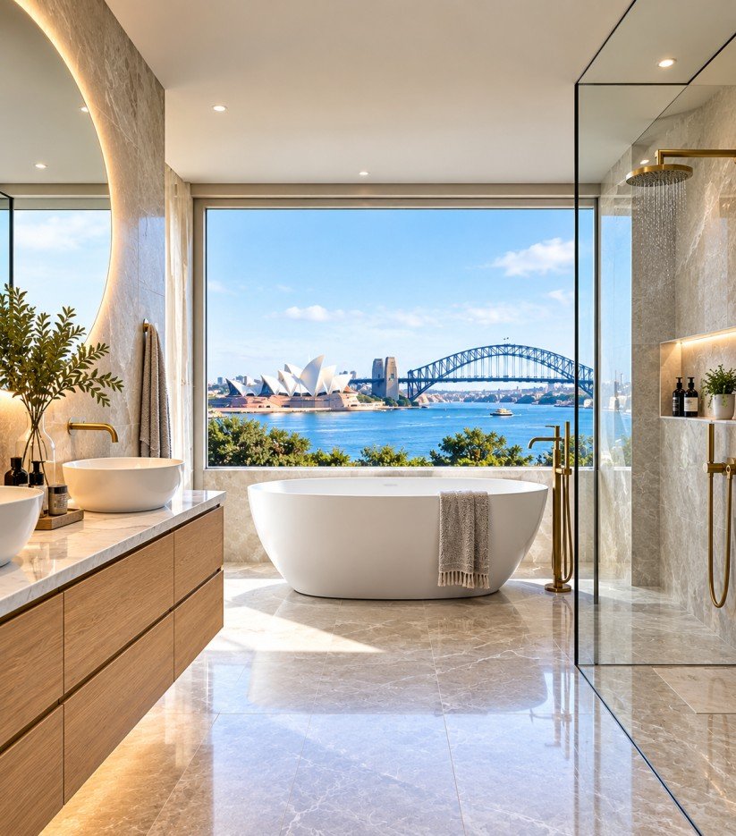 Luxury modern bathroom renovation in Sydney with marble finishes, freestanding bathtub and Sydney Harbour view