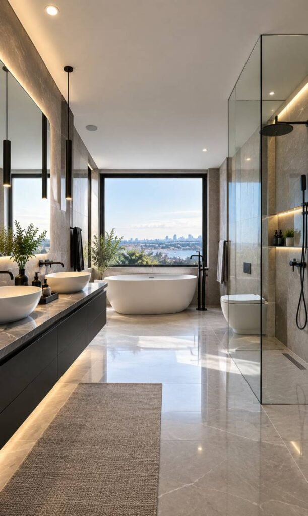 Spacious modern bathroom with elegant marble finishes, freestanding bathtub and glass shower