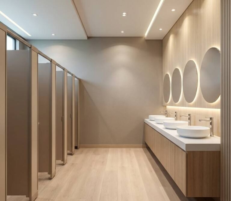 A modern commercial bathroom interior featuring textured bronze cubicle doors,