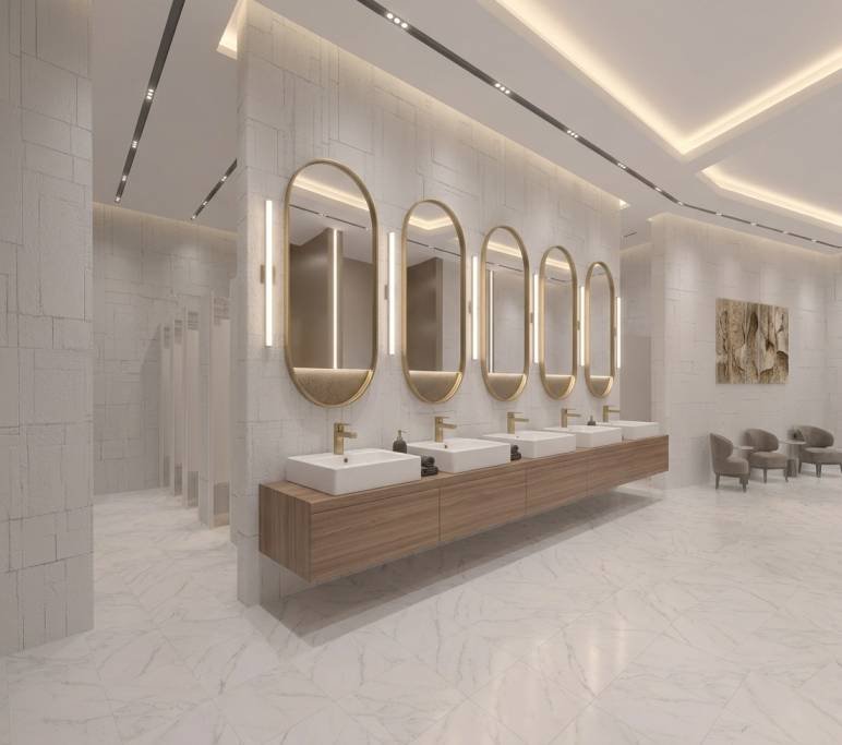 A sleek commercial bathroom featuring long dark concrete countertops,