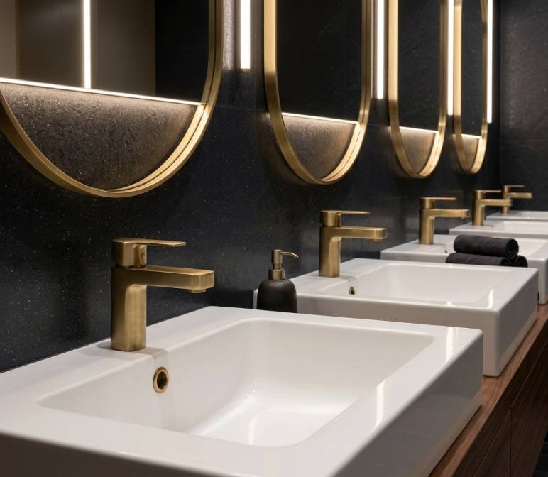 A close-up perspective of a modern commercial washroom