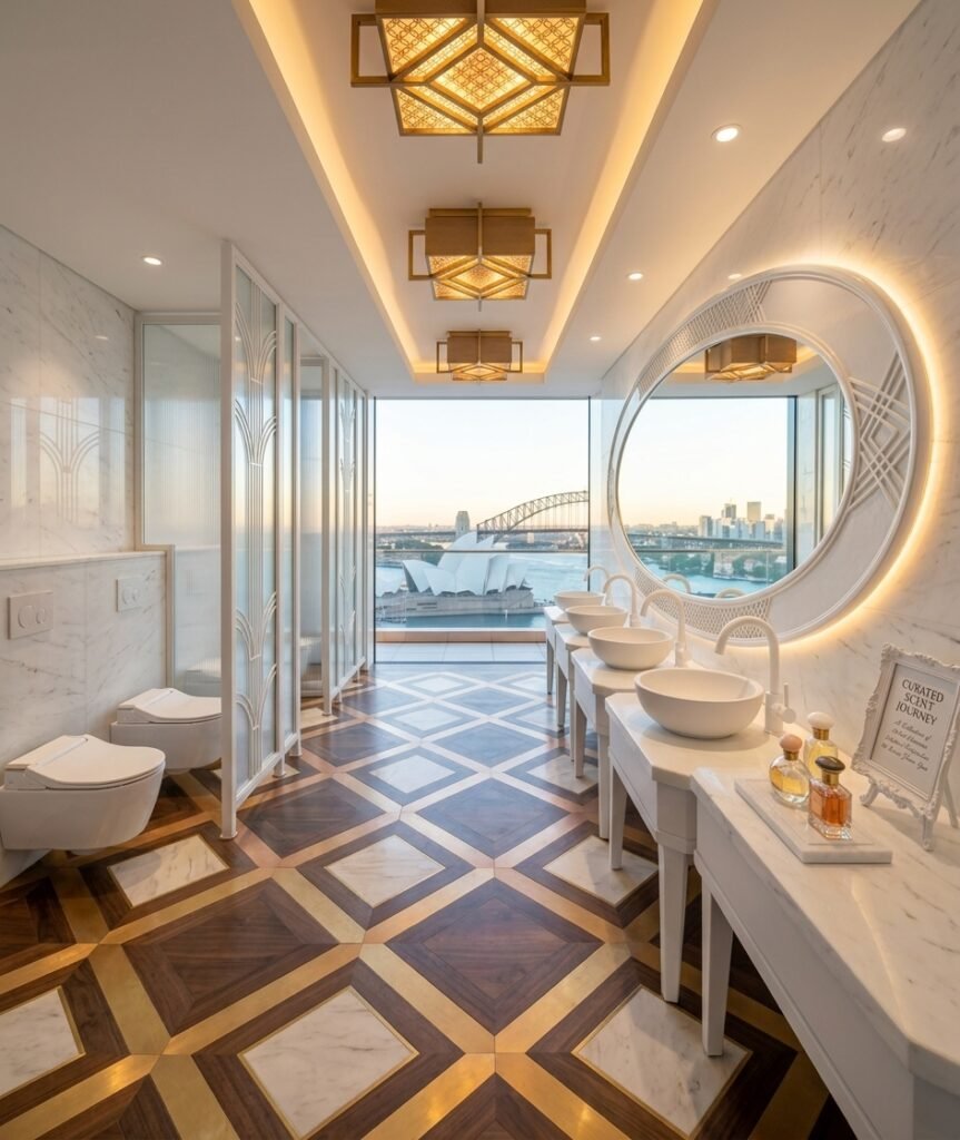 Modern commercial bathroom renovation featuring white marble walls,