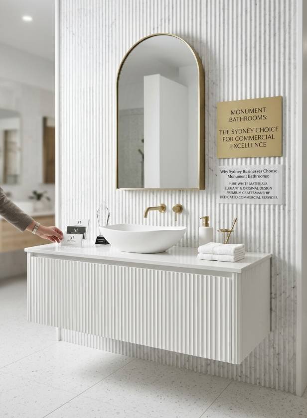 Modern commercial bathroom showroom setup featuring