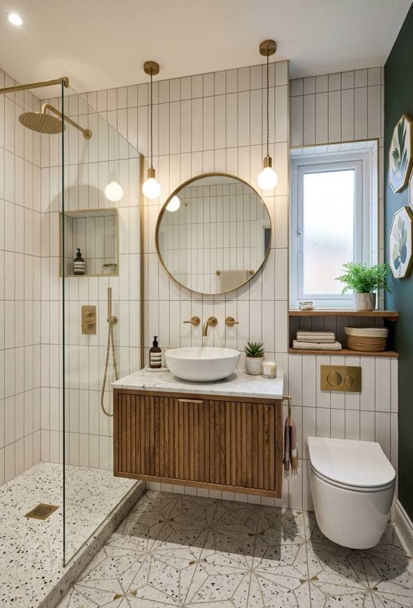 Modern small bathroom with vertical white wall tiles