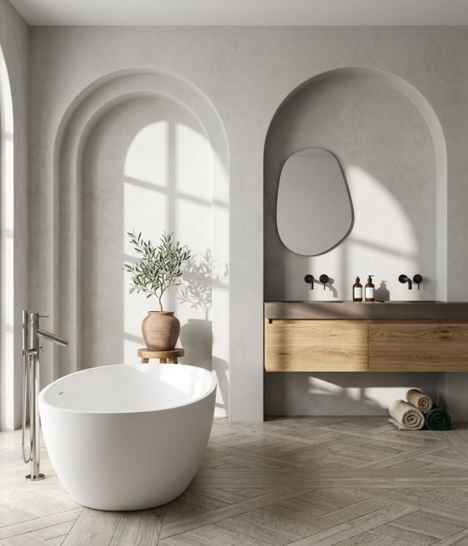 white freestanding bathtub, wooden floating vanity