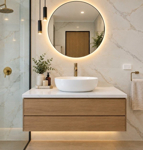 Modern bathroom renovation with oak vanity, vessel sink and backlit mirror